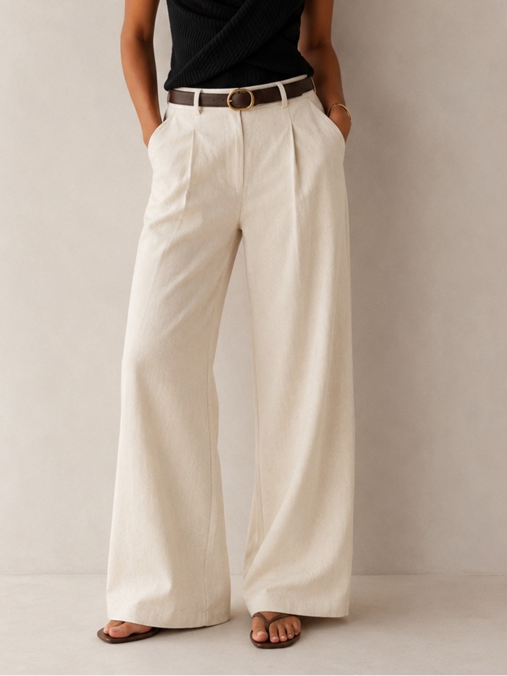 35 Belted Linen-Blend Wide-Leg Pants